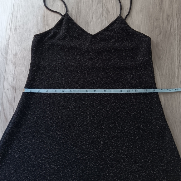 Angie Slip Mini Dress Black Silver Metallic Shimmer Spaghetti Strap Low V Medium - Picture 9 of 14